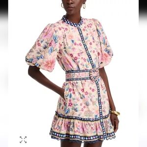 Farm Rio Superbloom Tapestry Mini Dress Short Puff Sleeves Size M Ivory Pink